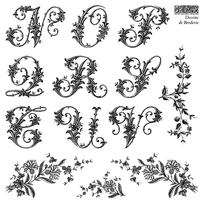 Decorative black letters and floral designs on a white background