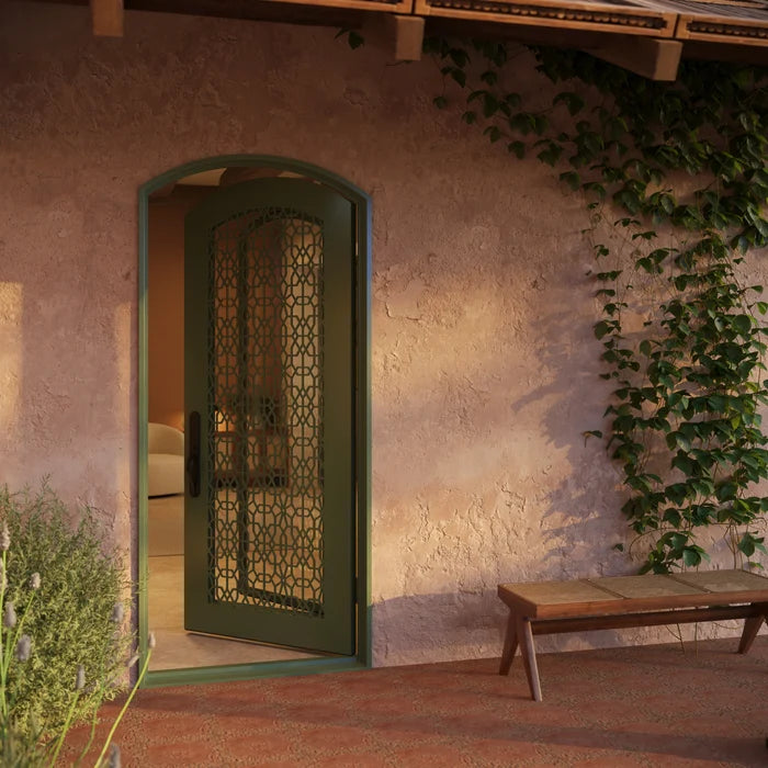 DNA’ pre-hung black metal single arch top door with energy efficient glass.