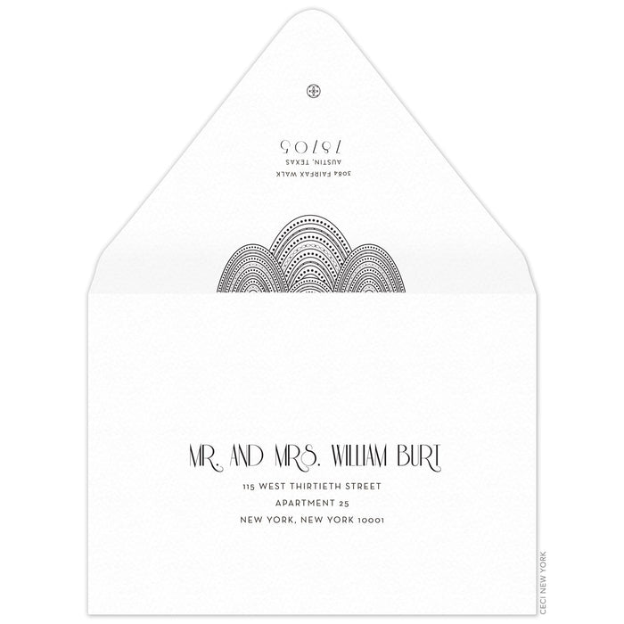 Black lines and dots swooping on the black flap of an envelope. Deco font centered underneath the design with a small circle logo at the top of the flap. Centered deco font on the front of the envelope.