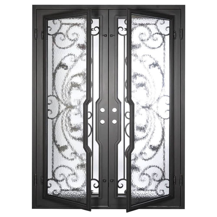 Dream pre-hung black metal double door with flat top and glass.