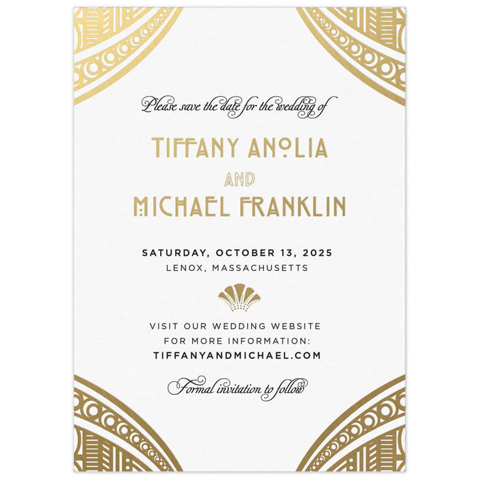 White save the date with ornate gold deco corner design. Block and deco font centered on the save the date in gold foil and black letterpress.