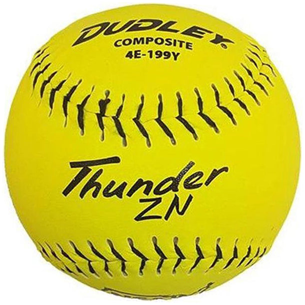 The Dudley NSA Thunder ZN ICON 12" 44/400 Composite Slowpitch Softball (4E199Y) features bright yellow cover, black stitching, and bold branding—perfect for players seeking premium quality from Dudley.
