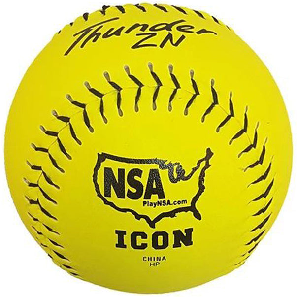 The Dudley NSA Thunder ZN ICON 12" 44/400 Composite Slowpitch Softball (4E199Y) is a bright yellow, durable polycore ball with black stitching and a U.S. map—perfect for games requiring top-quality softballs.