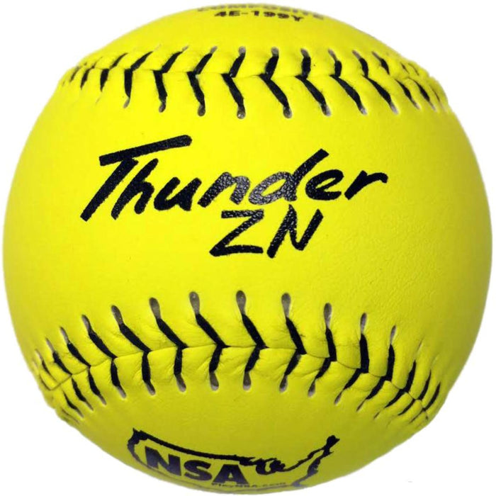 The Dudley NSA Thunder ZN ICON 12" 44/400 composite slowpitch softball (4E199Y) is bright yellow with bold black stitching, Thunder ZN in black, and a blue NSA logo near the bottom.