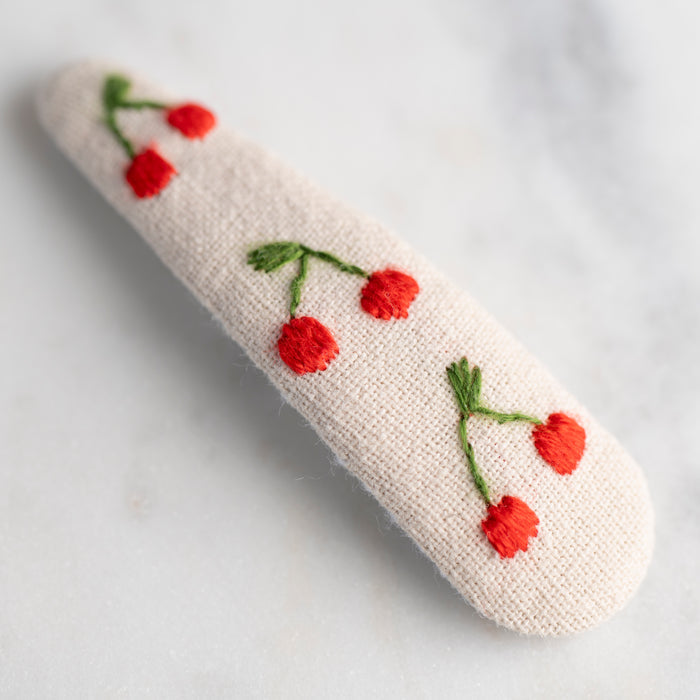 Embroidered Red Cherries on Hair Barrette
