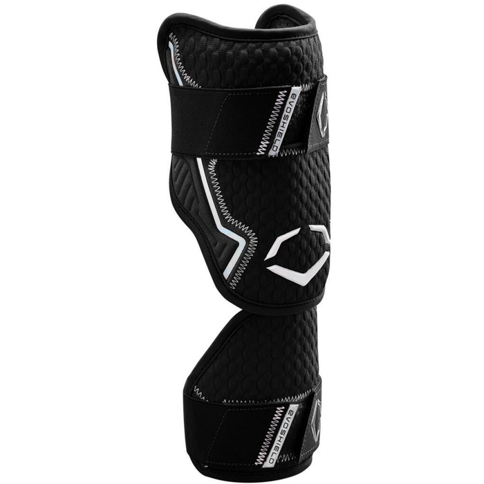 The EvoShield PRO-SRZ 2.0 Batter's Two Piece Elbow Guard by EvoShield features black and white accents, textured padding, elastic straps with hook-and-loop fasteners, and advanced Gel-to-Shell Technology for superior comfort and protection.