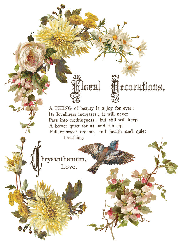 Floral decorations with text and a bird illustration on a white background