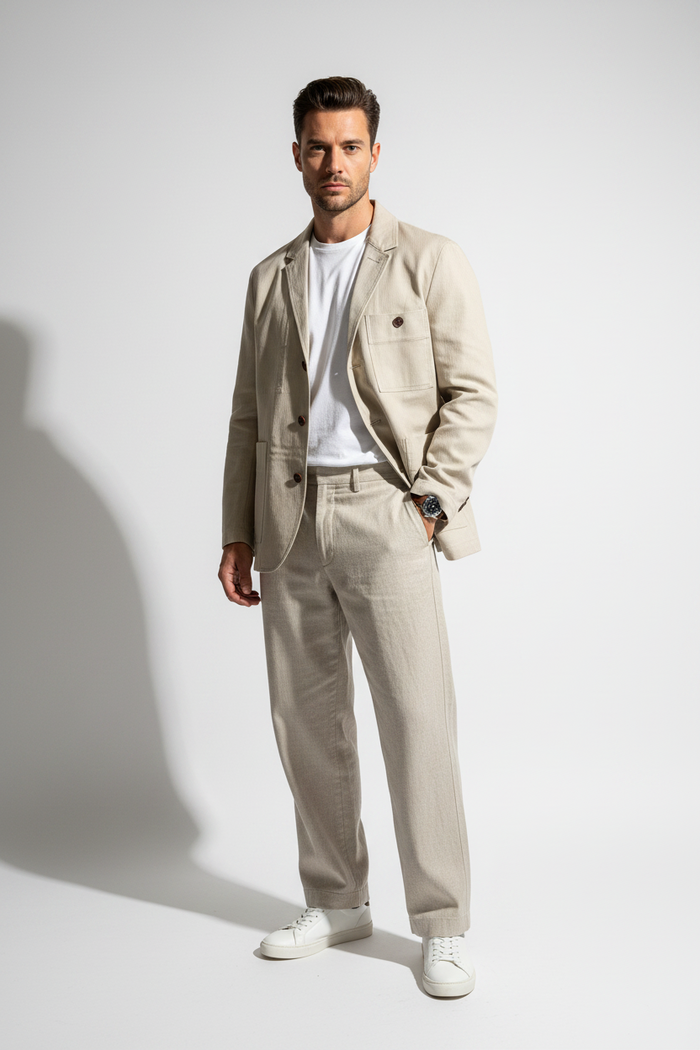 Folk Mens Beige Herringbone Workwear Blazer Jacket