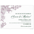 White save the date with dusty purple florals on the top left corner and down the left side of the card. Dark green block and script text right aligned.