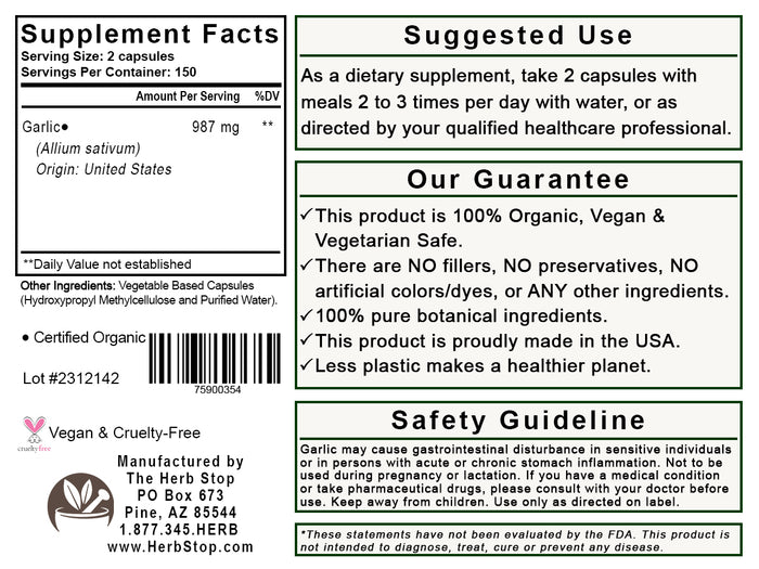 Organic Garlic Capsules Label - Back