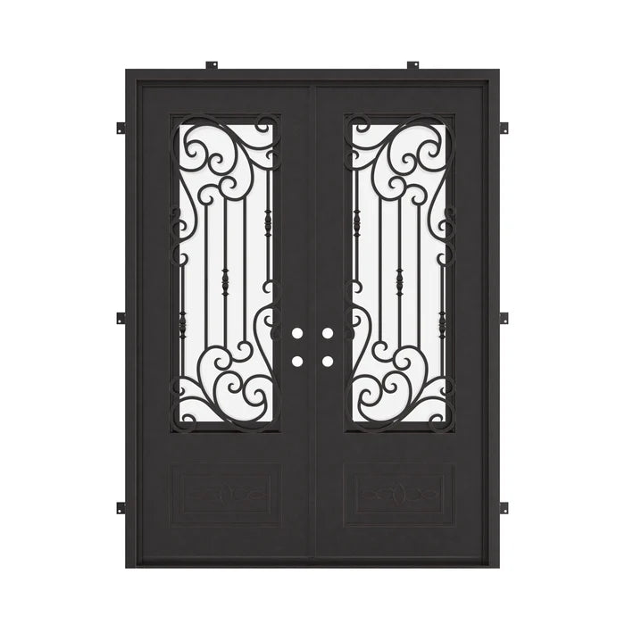 Golden Gate black wrought iron double square top hinged door with ornate scrollwork.