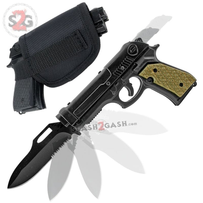 Gun-Shaped Spring Assisted Knife Black Pistol w/ Tan Grips Holster Sheath Cock Back Slide