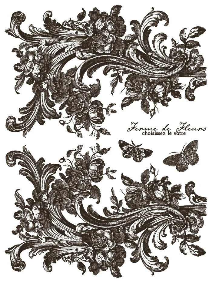 Decorative floral and leaf design with butterflies and text on a white background