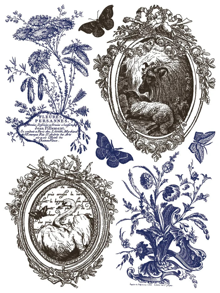 Decorative design with floral elements, butterflies, and framed portraits on a white background.
