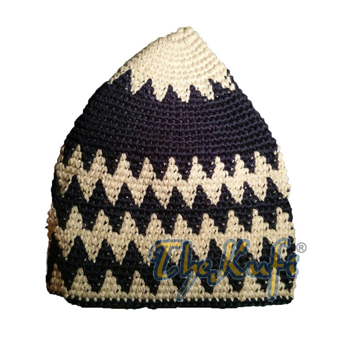 Hand-Crocheted Cotton Sturdy Off-White & Dark Blue Hounds-Tooth Zigzag Kufi Hat