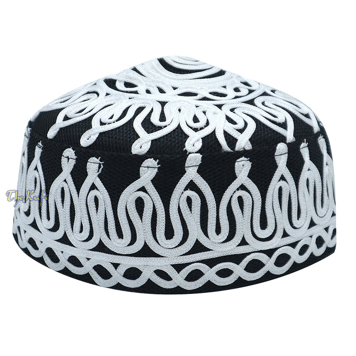 Handcrafted Black White Macramé Netting Wave Design Muslim Prayer Hat By