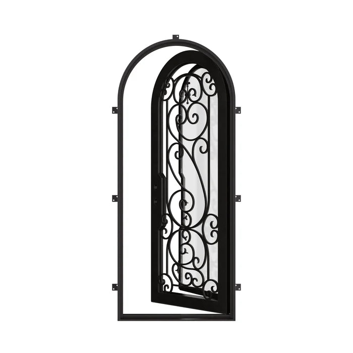 Hills pre-hung black metal single radius top door with double-pane tempered glass.