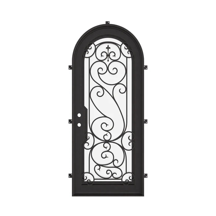 Hills black wrought iron single full arch entry door with energy efficient glass.