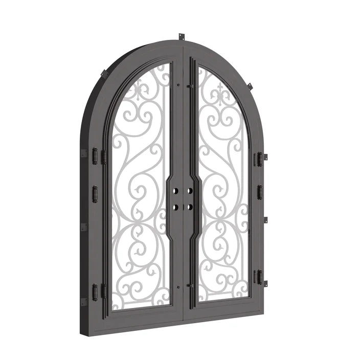 Hills round top iron entry door with clear glass.