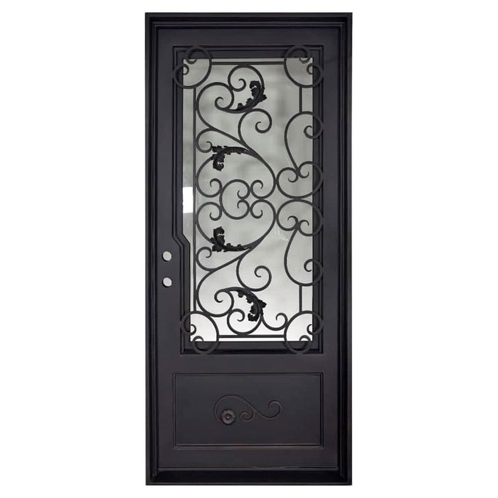 Hope flat top single flat entry door with thermal barrier and metal scrollwork.
