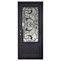 Hope flat top single flat entry door with thermal barrier and metal scrollwork.