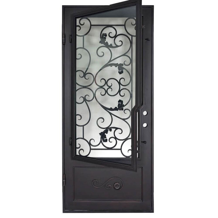 Hope straight top single flat door for cold weather with decorative metalwork.