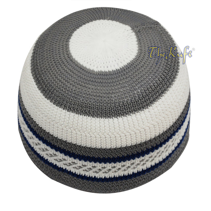 Islamic White and Gray with Navy-Blue Stripes Nylon Stretchy Textured Kufi Hat Skullcap Topi Skullie