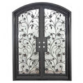 June iron door in bronze finish with clear glass and arched entry.