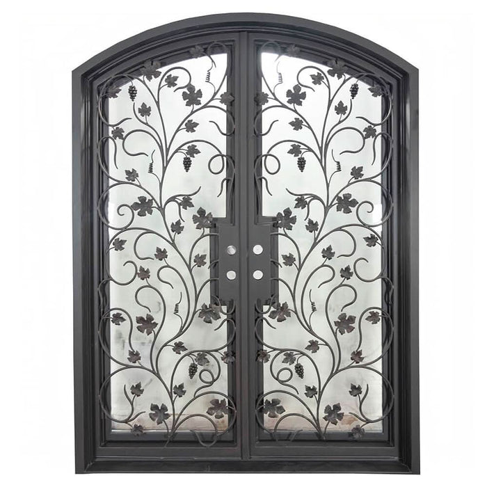 June iron door in bronze finish with clear glass and arched entry.