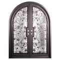 June double radius top french swing door with decorative metalwork and glass.