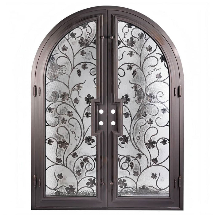 June double full arch top front door with dual-pane tempered glass and scrollwork.