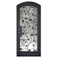June black iron single eyebrow arch top door with dual-pane glass.