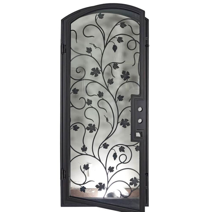 June pre-hung bronze color wrought iron arch top entry door.