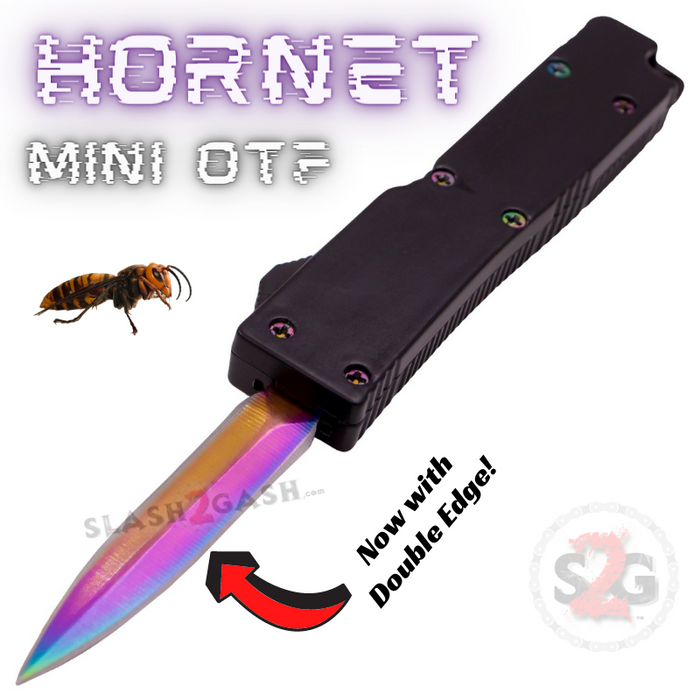 Black Key Chain Double Edge Mini Out The Front Knife Rainbow Blade with Clip Cali-Legal - Hornet Keychain