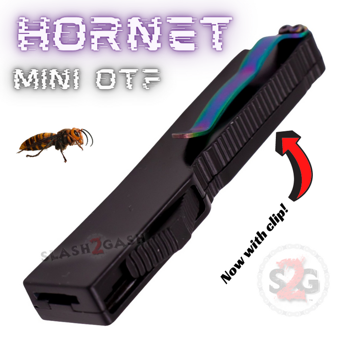 Black Key Chain Double Edge Mini Out The Front Knife Rainbow Blade with Clip Cali-Legal - Hornet Keychain