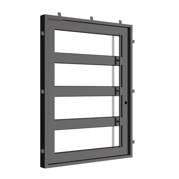 Knox pivot door with simple metalwork in black color and flat top.