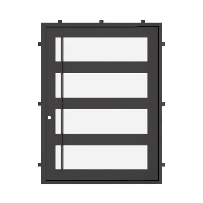 Knox pivot entry door with thick metal design and straight top in black.