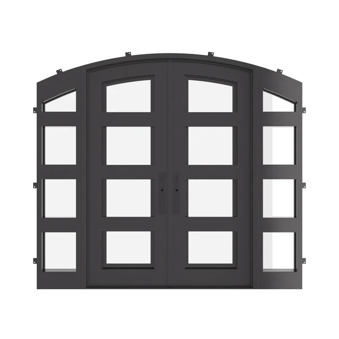 Knox curved top double entry door with thermal break and side windows in bronze.