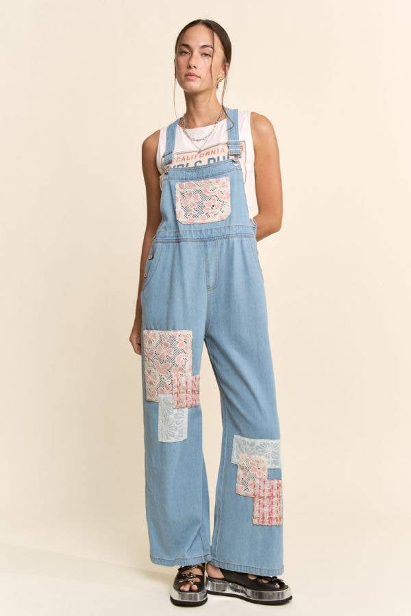 LACE & TWEED PATCHWORK DENIM OVERALL JUMPSUIT: Light Denim