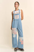 LACE & TWEED PATCHWORK DENIM OVERALL JUMPSUIT: Light Denim