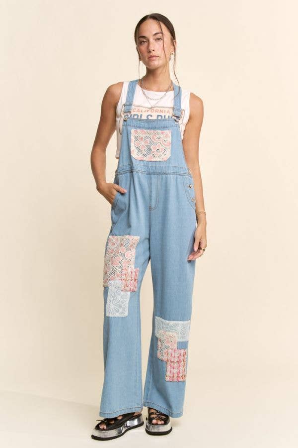 LACE & TWEED PATCHWORK DENIM OVERALL JUMPSUIT: Light Denim