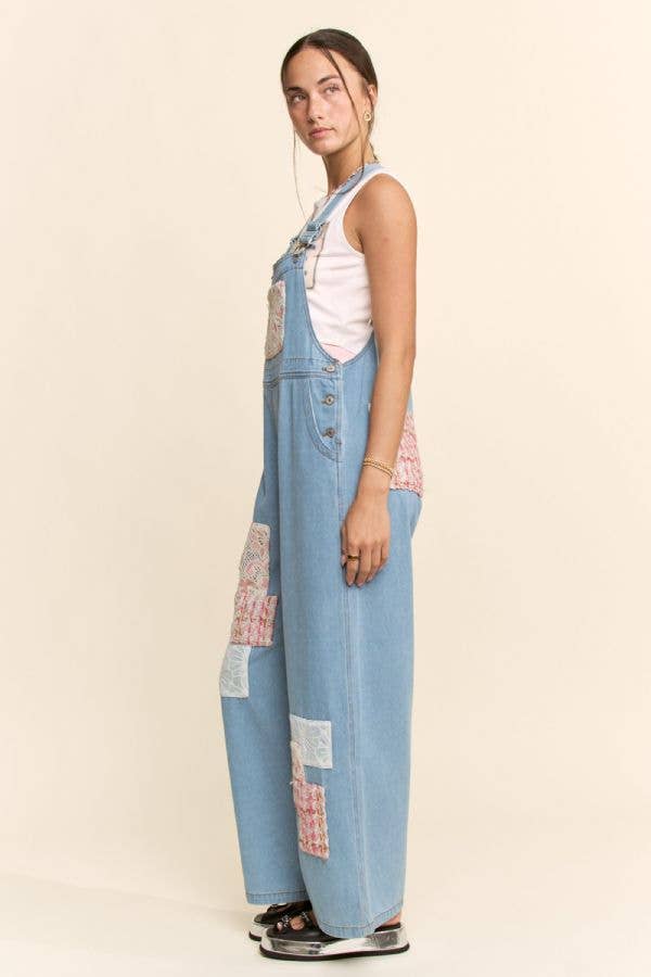 LACE & TWEED PATCHWORK DENIM OVERALL JUMPSUIT: Light Denim