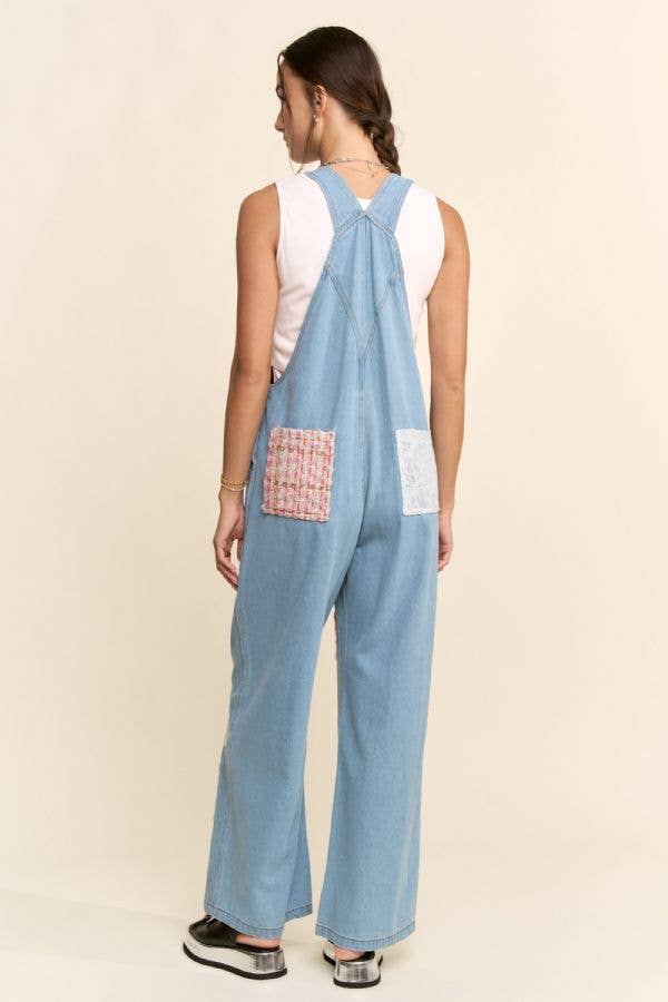 LACE & TWEED PATCHWORK DENIM OVERALL JUMPSUIT: Light Denim