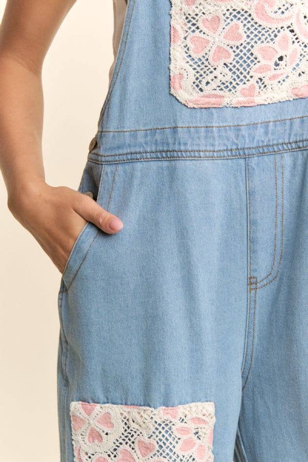 LACE & TWEED PATCHWORK DENIM OVERALL JUMPSUIT: Light Denim