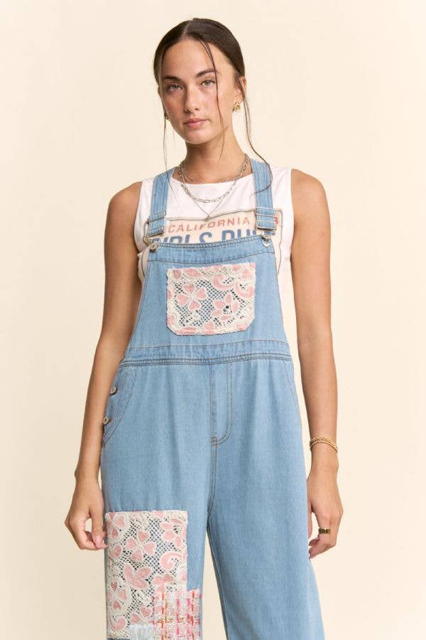 LACE & TWEED PATCHWORK DENIM OVERALL JUMPSUIT: Light Denim