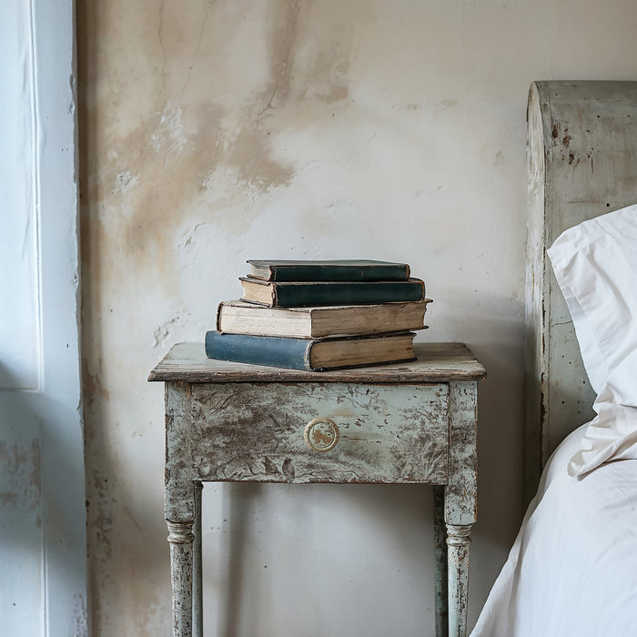 Stack of books on a weathered wooden nightstand next to a bed with white bedding.