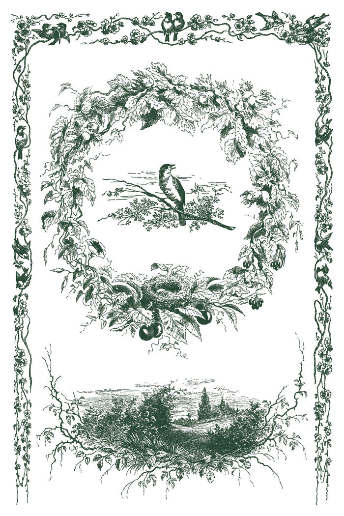 Decorative border with birds, foliage, and a landscape in black and white.