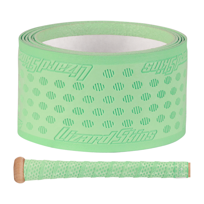 A roll of Lizard Skins DSP Ultra Solid 1.1mm Bat Grip in mint green with a textured, dotted pattern, plus a baseball bat wrapped with the same Lizard Skins grip is shown below the roll.
