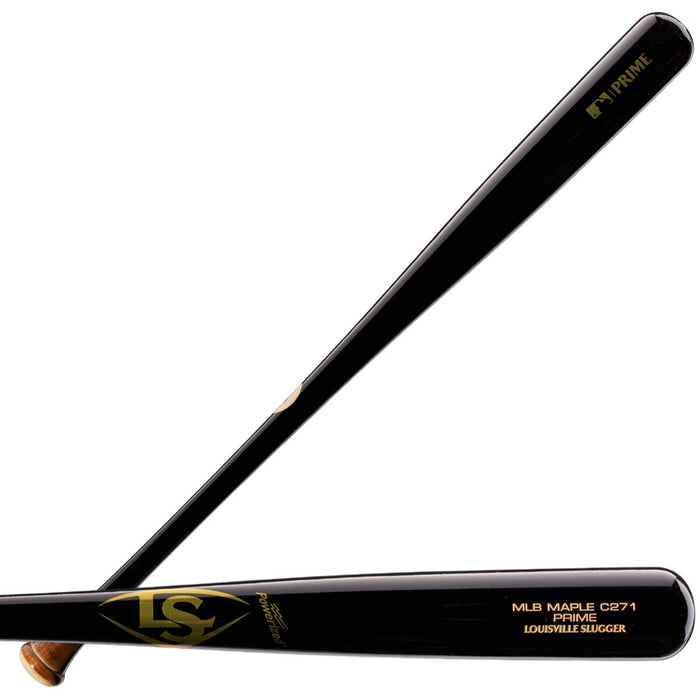 Two glossy black Louisville Slugger MLB Prime Maple C271 Wood Baseball Bats (WBL2680010) are crossed, featuring gold logos and "Prime" text, with wooden handles partly visible and offering a balanced swing.