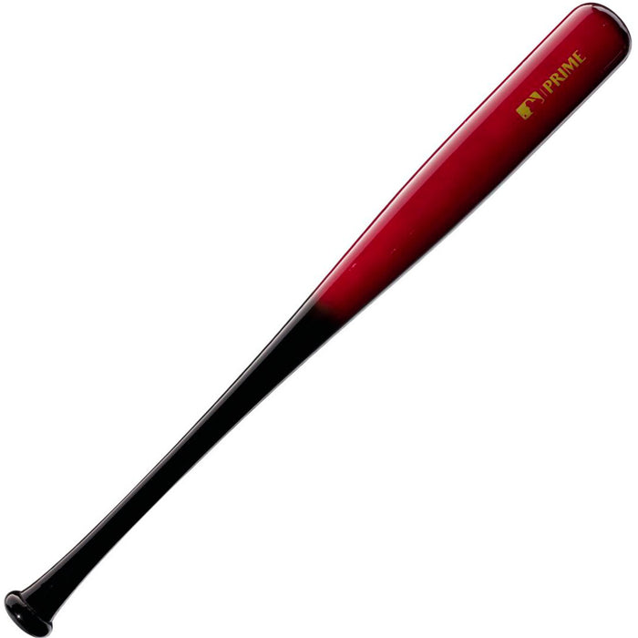 The Louisville Slugger Youth Prime VG27 Vladimir Guerrero Jr. maple bat features a black handle, glossy red barrel, the word "PRIME," and a small gold logo near the top.
